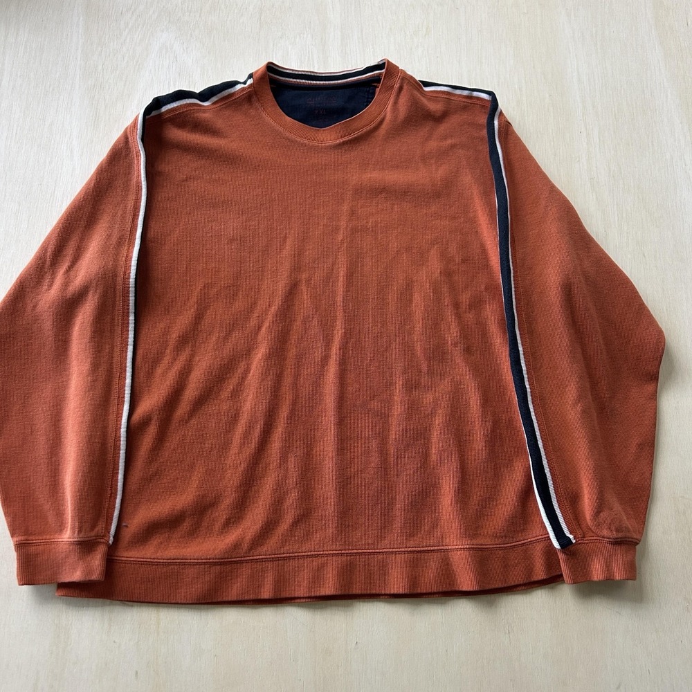 Y2K Arrow Sweater Mens 2XL Orange Crewneck Tight Knit Pullover Stripe Sleeve